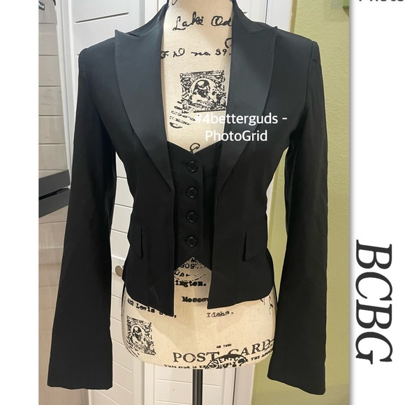 BCBGMaxAzria Tux Style Wool Cropped Blazer Built in Vest Black Shimmer Jacket XS - Picture 16 of 16